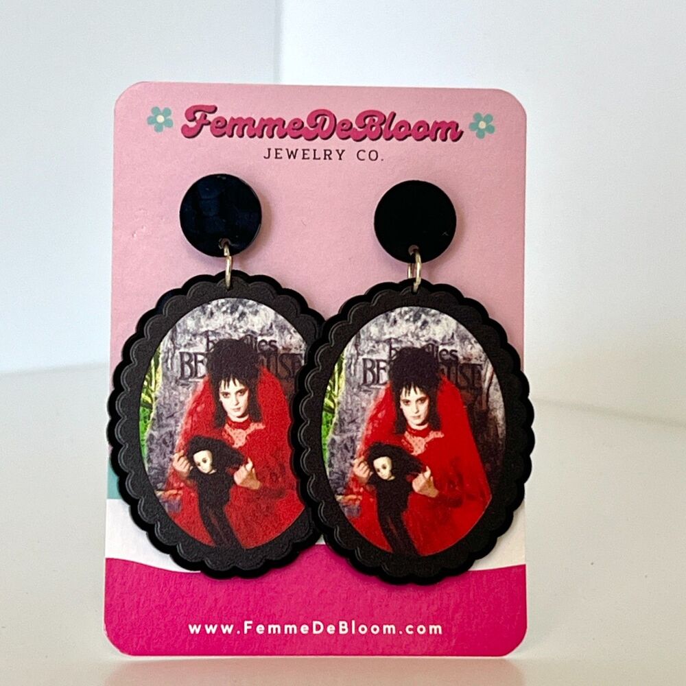 NWT FemmeDeBloom Lydia Deetz Beetlejuice Dangle Drop Cameo Statement Earrings
